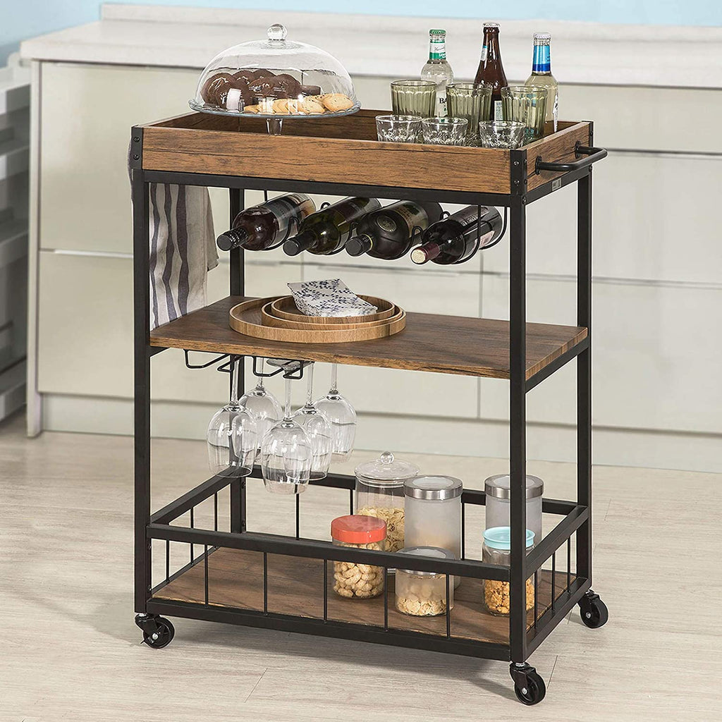 Bar Cart, 3 Tier Bar Carts for The Home, Rustic Brown Bar Cart with Wheels,  Two Portable Trays, Wine Rack, Glasses Holder, Industrial Serving Cart for  Kichen, Living Room, Dining Room 
