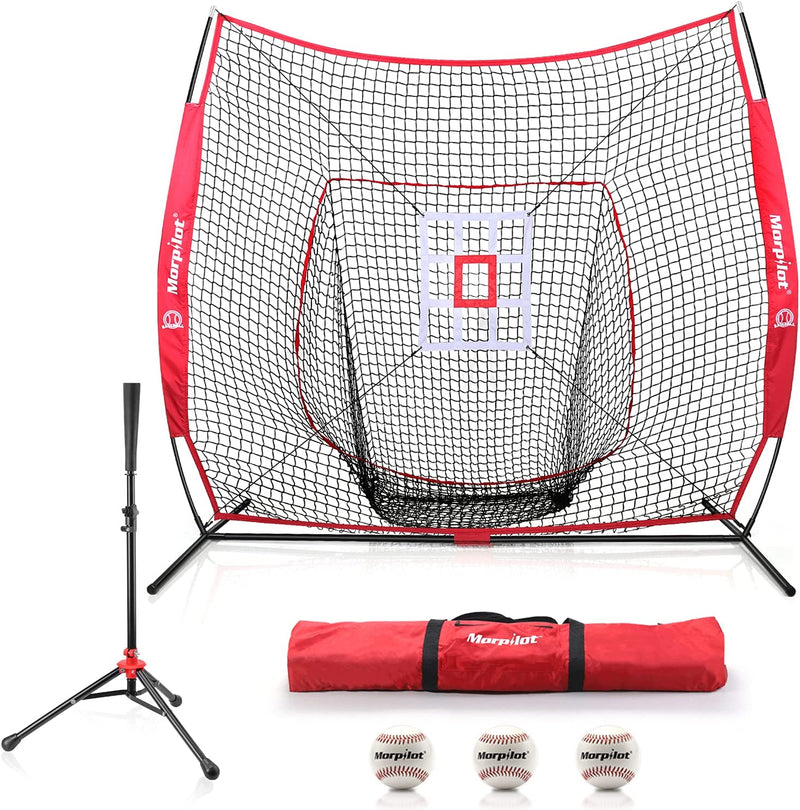 Keenstone 7' X 7' Baseball & Softball Practice Hitting & Pitching Net with Bow Frame, Carry Bag and Bonus Strike Zone, Great for All Skill Levels | Collapsible and Portable