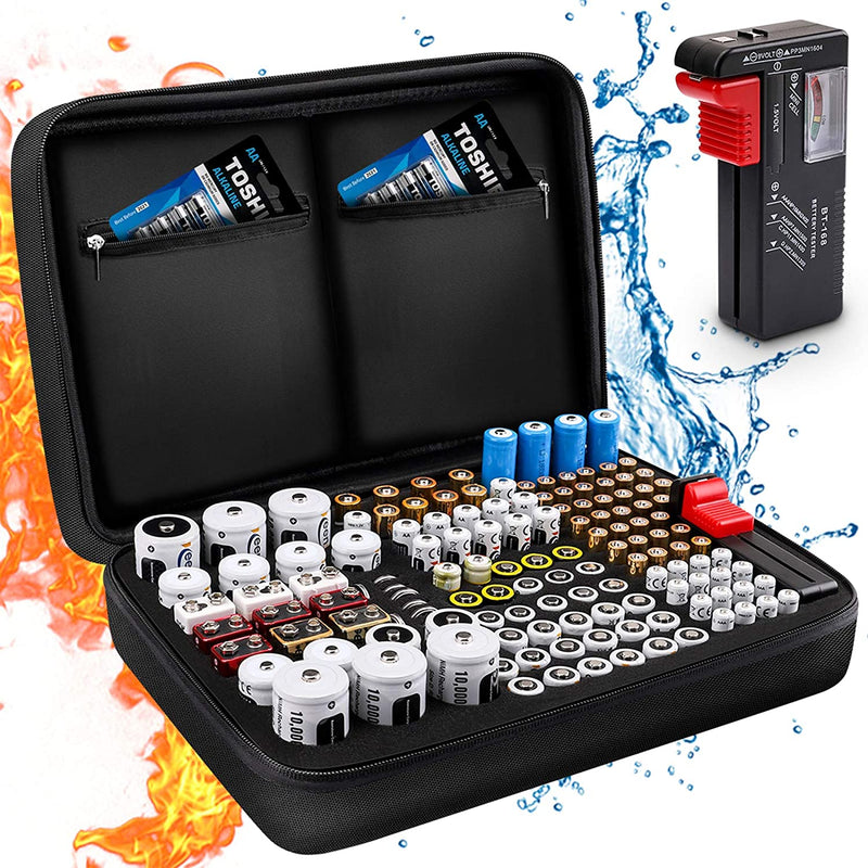 Keenstone Battery Organizer Storage Case, Fireproof Waterproof Explosionproof Battery Hard Holder Box, Holds 139 Batteries AA AAA C D 9V, Battery Storage with Tester (Batteries Not Included), Black