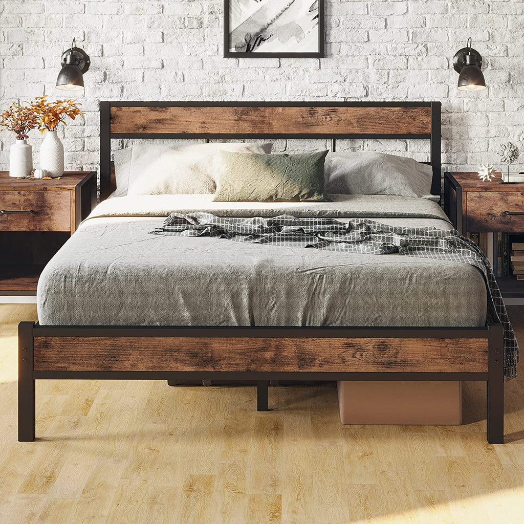 Full Bed Frame with Rustic Vintage Wood Headboard and Footboard, Mattress Foundation, Strong Metal Slats Support, No Box Spring Needed