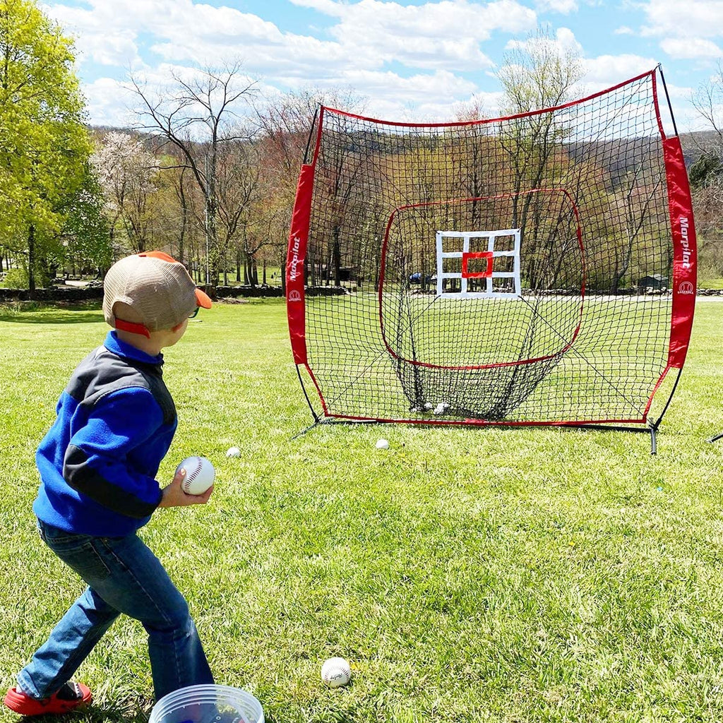 Keenstone 7' X 7' Baseball & Softball Practice Hitting & Pitching Net with Bow Frame, Carry Bag and Bonus Strike Zone, Great for All Skill Levels | Collapsible and Portable