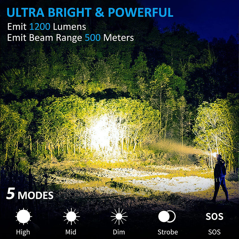 morpilot Headlamp, 1200 Lumens USB Rechargeable Head Lamps, IPX 65 Waterproof Headlight with Adjustable Headband, 5 Modes Led Headlamp Flashlight for Outdoor Camping Hiking Hard Hat Light (2 Packs)