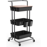 MONVANE 3 Tier Utility Rolling Cart with Cover Board, Rolling Storage Cart with Handle and Locking Wheels Kitchen Cart with 2 Small Baskets and 4 Hooks for Bathroom Office Balcony Living Room, Black
