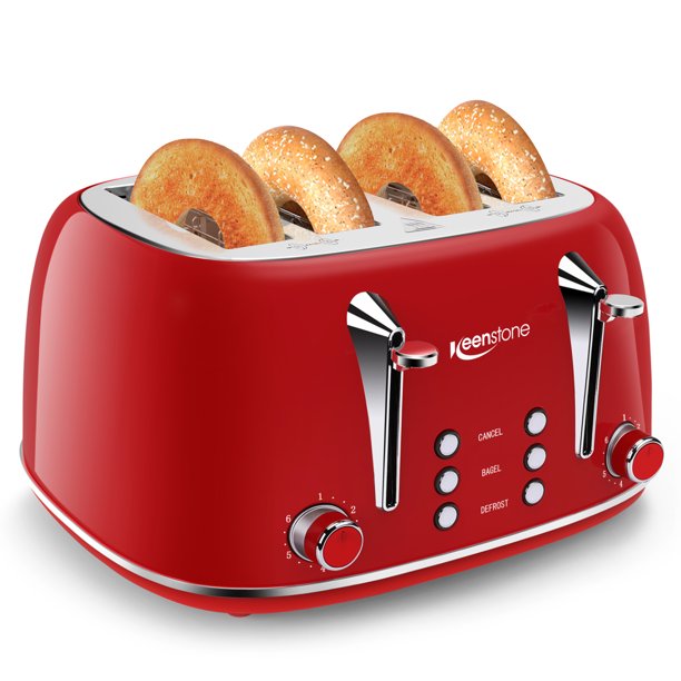 Toasters 4 Slice, Keenstone Retro Stainless Steel Bagel Toaster with Wide Slots, Red