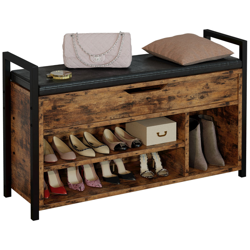 Keenstone Shoe Bench Rack,3-in-1 Coat Rack Hooks Set,Hall Tree Entryway Shoe Rack Storage Bench,Brown